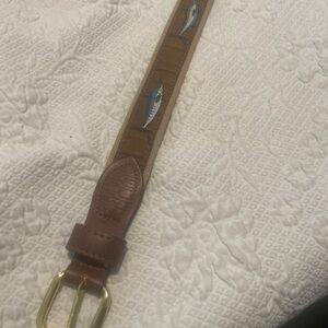 Fish Design Leather-Trim Kids Belt - Brown tan Blue Sz 26 Measure 31 W/O Buckle